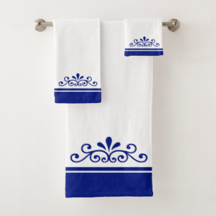 Vector Ornament & Royal Blue Stripes on Light Blue Bath Towel Set