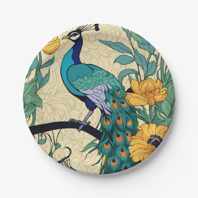 vector, seamless pattern featuring peacock printed paper plate (Front)