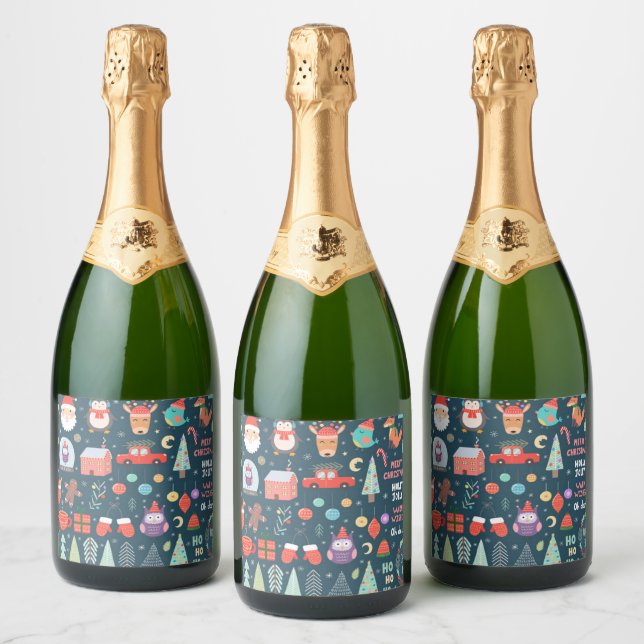 vector set cute christmas elements santa penguin sparkling wine label (Bottles)