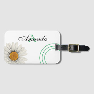 Vector White & Green Daisy Floral Monogramed Luggage Tag
