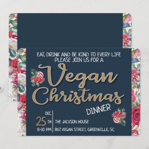 Vegan Christmas retro blue and gold wintry floral Invitation