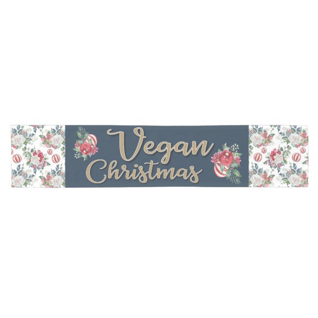 Vegan Christmas retro blue and gold wintry floral Short Table Runner (Horizontal)
