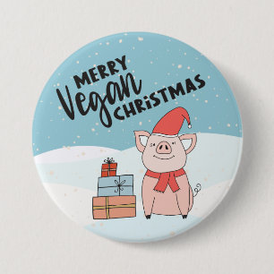 Vegan Christmas with cartoon piglet and presents 3 Inch Round Button