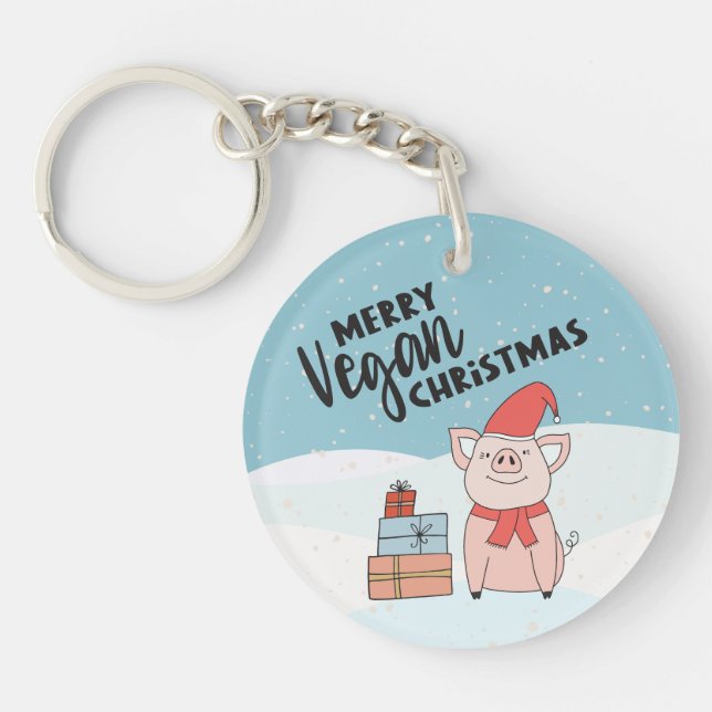 Vegan Christmas with cartoon piglet and presents Keychain (Front)