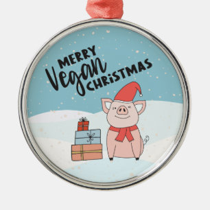 Vegan Christmas with cartoon piglet and presents Metal Ornament