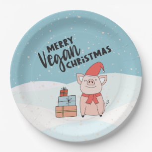 Vegan Christmas with cartoon piglet and presents Paper Plate