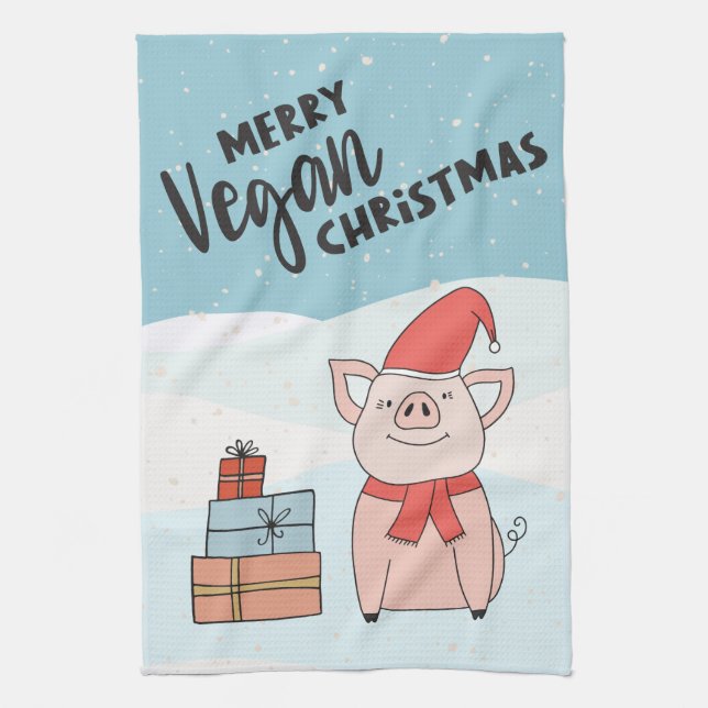 Vegan Christmas with cartoon piglet and snowflakes Kitchen Towel (Vertical)