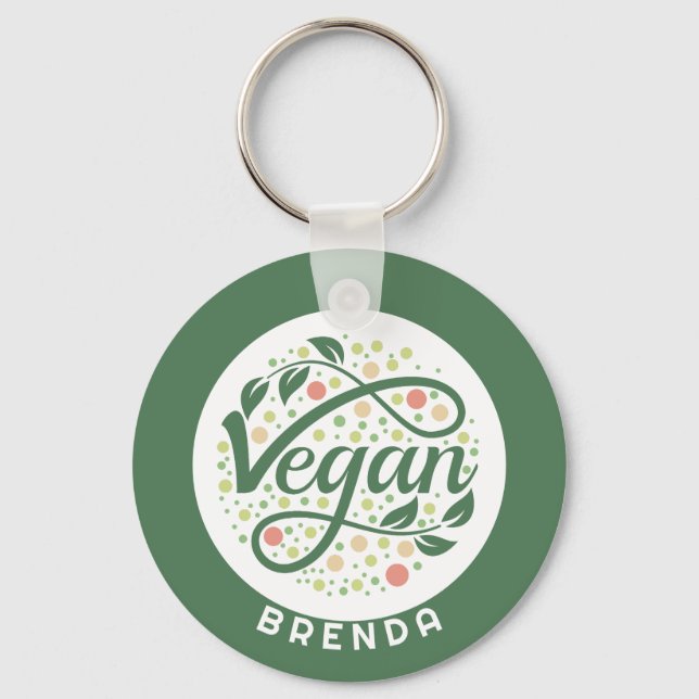 Vegan Creative Typography With Green Leaves Keychain (Front)