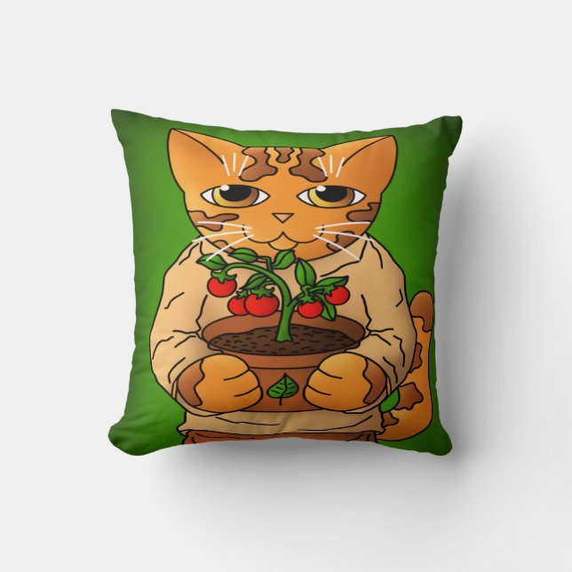 Vegan Gardener Cat Throw Pillow (Front)