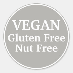 Vegan. Gluten Free. Nut-Free. Grey. Personalized Classic Round Sticker