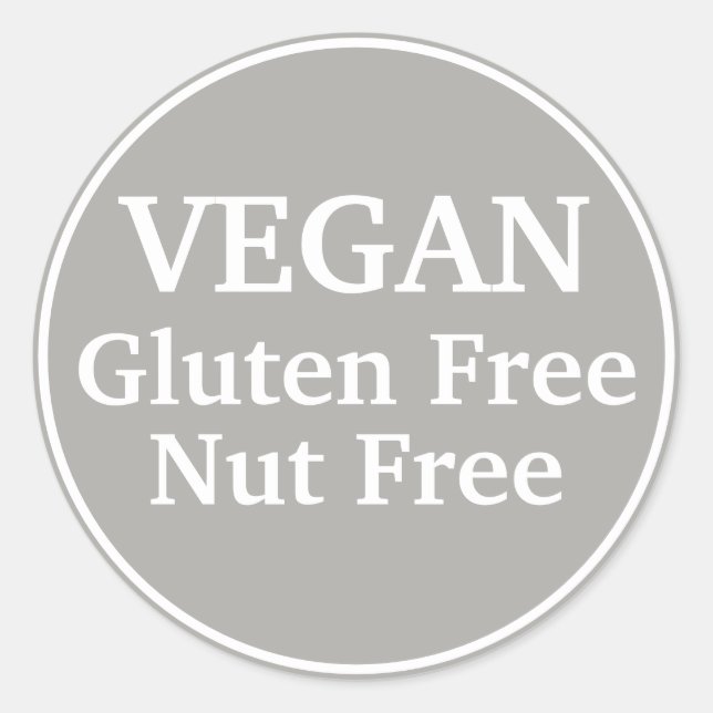Vegan. Gluten Free. Nut-Free. Grey. Personalized Classic Round Sticker (Front)