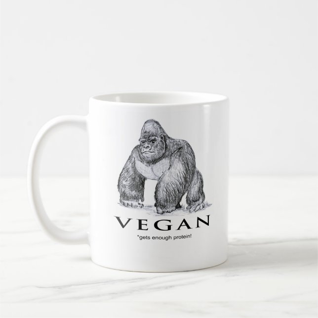 Vegan gorilla gets enough protein funny coffee mug (Left)