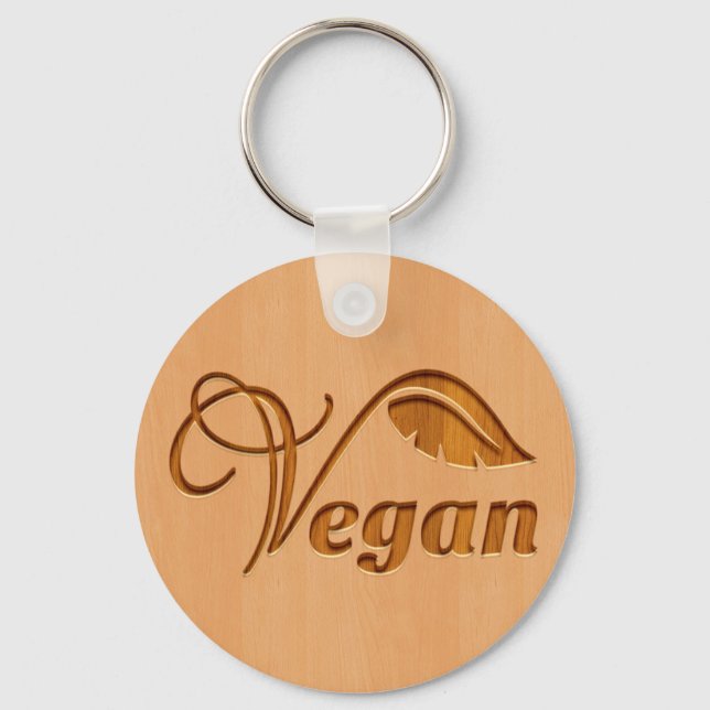 Vegan logo carved in wood effect keychain (Front)