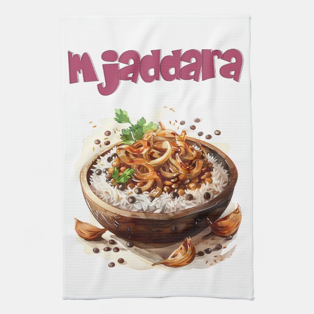 Vegan Mujaddara Arabic Food Lentils مجدرة عدس Kitchen Towel (Vertical)