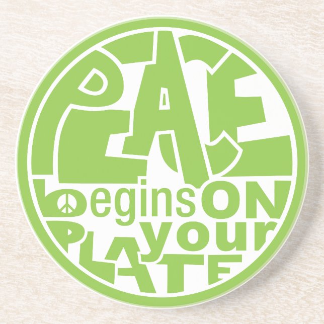 Vegan Slogan Peace Begins On Your Plate Coaster (Front)