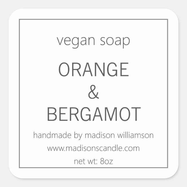 Vegan Soap | Simple Minimalist Grey and White Square Sticker (Front)