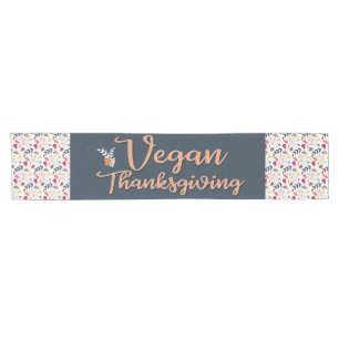 Vegan Thanksgiving blue with orange text floral Short Table Runner
