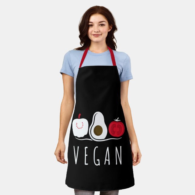 Vegan Typography Tomato Avocado Apple Black Apron (Worn)