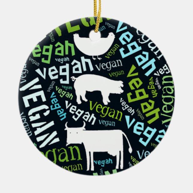 "Vegan" Word-Cloud Mosaic with a cow, pig, hen. Ceramic Ornament (Front)
