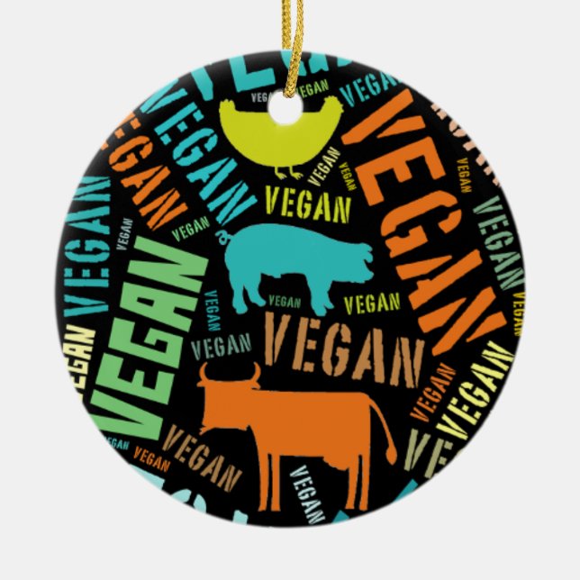 "Vegan" Word-Cloud Mosaic with a cow, pig, hen. Ceramic Ornament (Front)