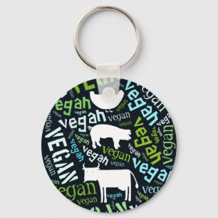 "Vegan" Word-Cloud Mosaic with Cow, Pig & Hen Keychain