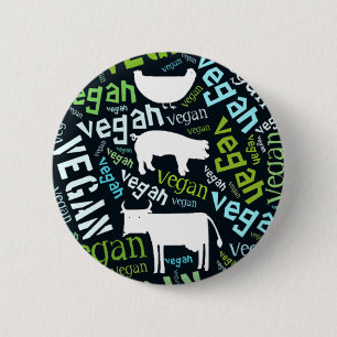 "Vegan" Word-Cloud Mosaic with Pig, Cow & Hen 2 Inch Round Button