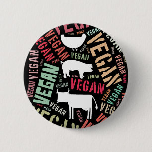 "Vegan" Word-Cloud Mosaic with Pig, Cow & Hen 2 Inch Round Button