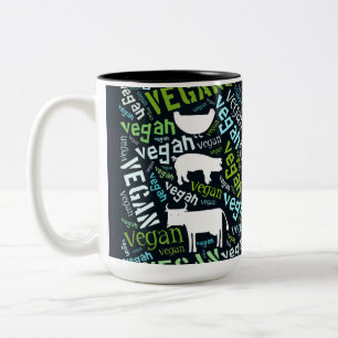 "Vegan" Word-Cloud - Pig, Hen, & Cow with Quote Two-Tone Coffee Mug