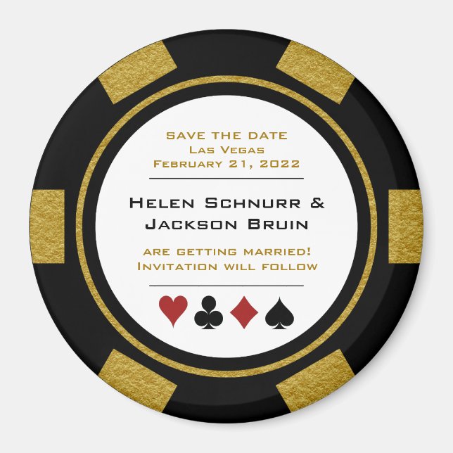 Vegas Black Gold Poker Chip Wedding Save The Date Magnet (Front)