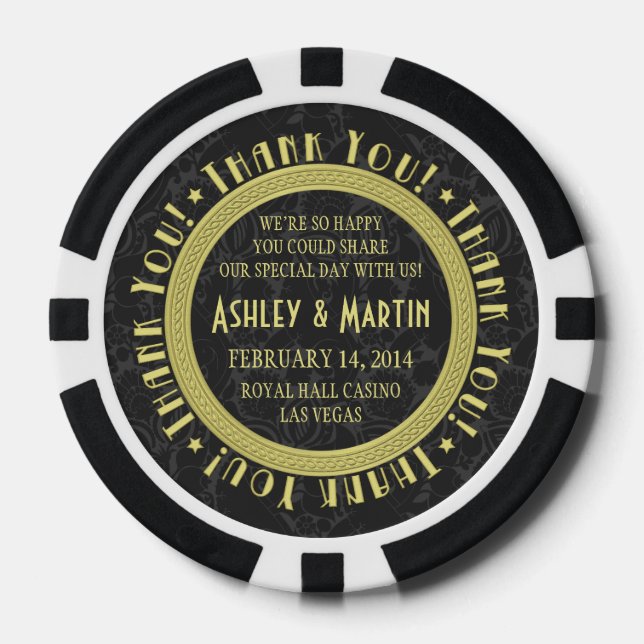 Vegas Casino Black Gold Wedding Thank You Favour Poker Chips (Front)