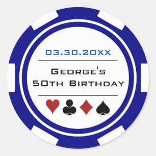 Vegas Casino Poker Chip Navy Blue White Birthday Classic Round Sticker
