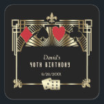 Vegas Casino Royale Great Gatsby 40th Birthday Square Sticker<br><div class="desc">ANY AGE! Royal, Vintage card design Great Gatsby and Casino themed. It features a Great Gatsby, Roaring 1920's old Hollywood Art Deco style shape, royal faux gold freer-de-lis, vintage fonts, a pair of dice, as well, playing cards suits with a golden edges. Use Personalize tool to add your information. For...</div>