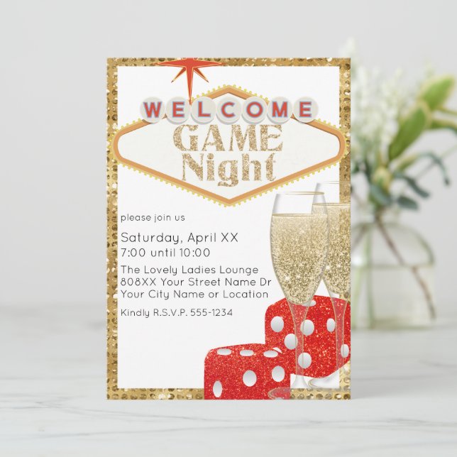 Vegas Red Glitter Dice & Champagne Game Night Invitation (Standing Front)