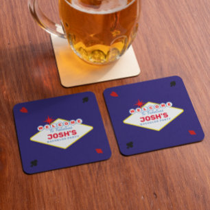 Vegas Sign Midnight Blue Personalized Square Paper Coaster