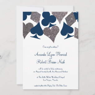 Vegas Wedding Navy Blue Silver Faux Glitter Invitation