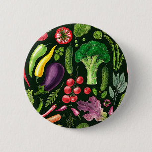 Vegetable and herbs garden harvest on black 2 inch round button