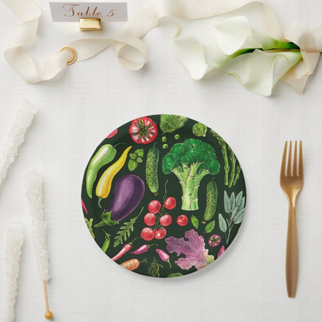 Vegetable and herbs garden harvest on black paper plate (Wedding)