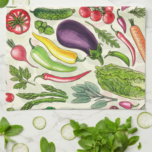 Vegetable and herbs garden harvest on off white kitchen towel (Folded)