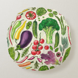 Vegetable and herbs garden harvest on off white round pillow