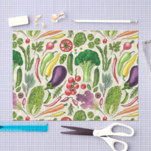 Vegetable and herbs garden harvest on off white tissue paper