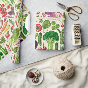 Vegetable and herbs garden harvest on off white wrapping paper