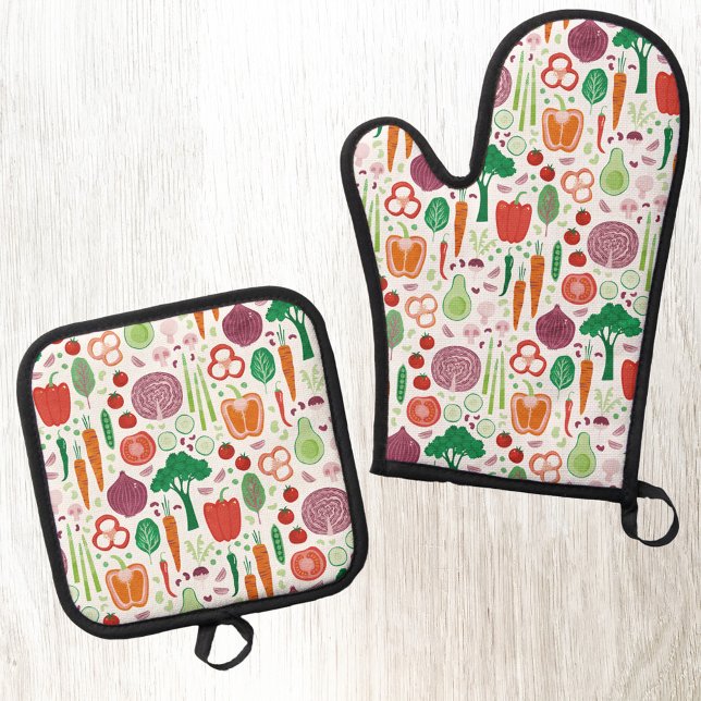Vegetable Food Pattern Oven Mitt & Pot Holder Set (Fun vegetable food pattern oven mitt and pot holder)