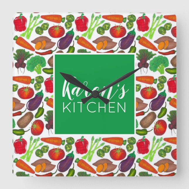 Vegetable Garden Produce Greenmarket Veggies Square Wall Clock (Front)