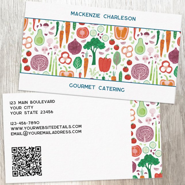 Vegetable Pattern Catering QR code Business Card (Vegetable pattern QR code custom text business card for catering, nutritionist, vegan and vegetarian)