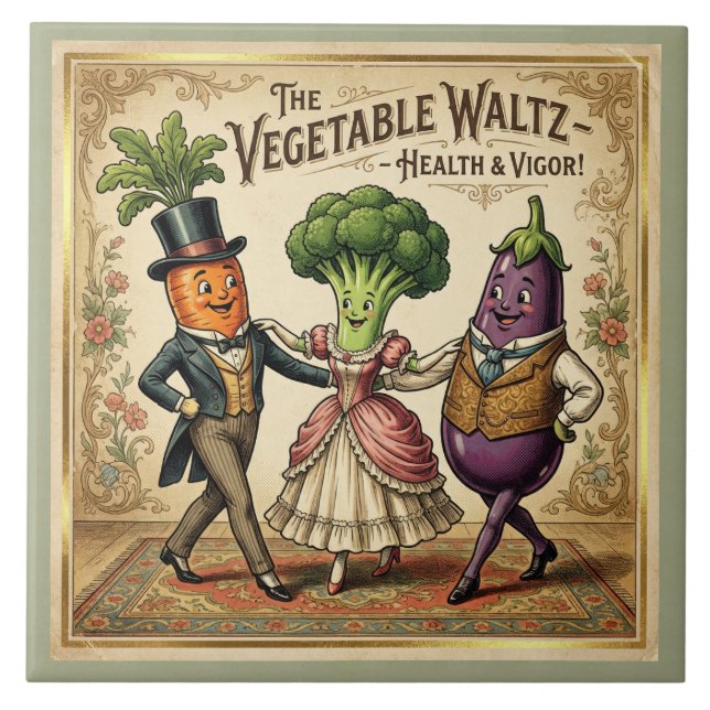 Vegetable Waltz Dancing Veggies Vintage Victorian Tile (Front)