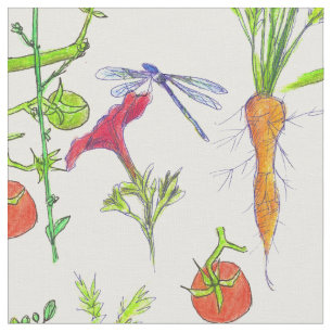 Vegetables Carrots Tomatoes Garden Dragonfly Fabric