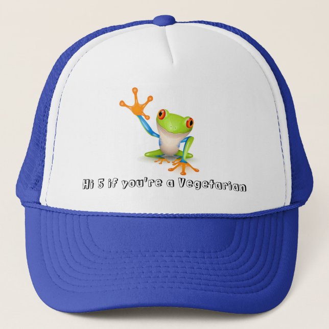 Vegetarian frog on blue trucker hat (Front)