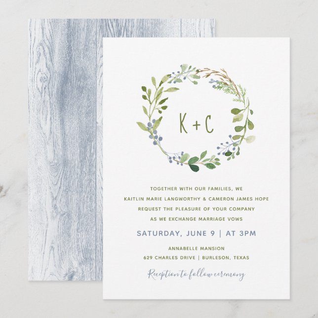 Végéty Wreath Wedding Invitations - Dusty Blue (Devant / Derrière)