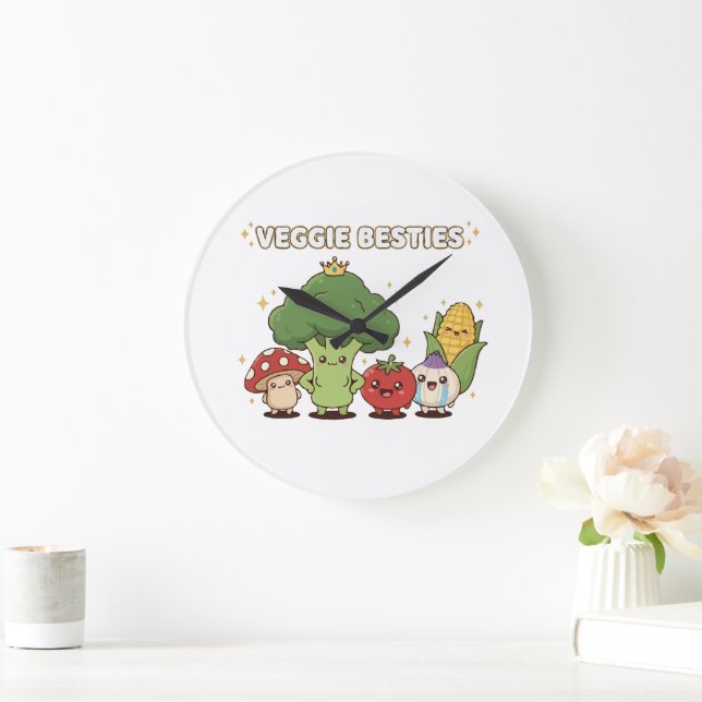Veggie Besties | Cute Kawaii Cartoon Vegetable  Large Clock (Home)