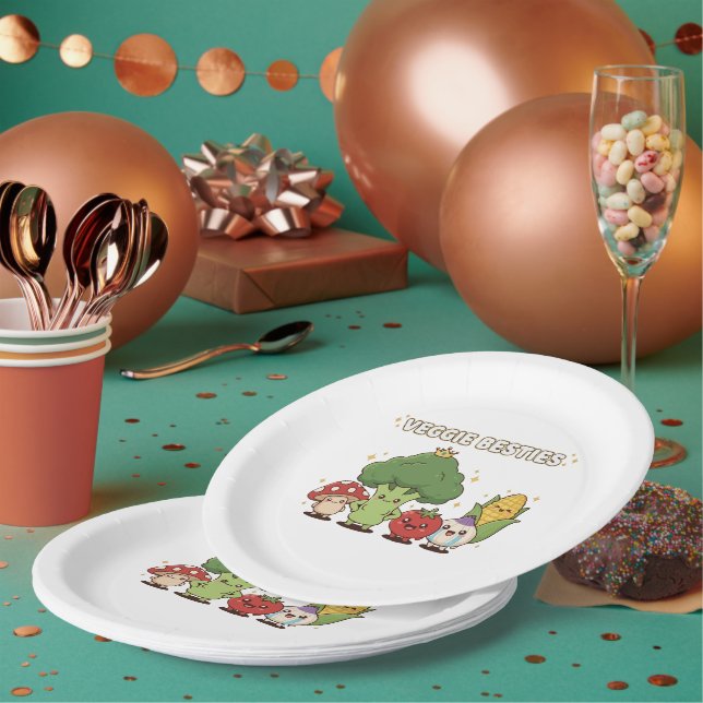 Veggie Besties | Cute Kawaii Cartoon Vegetable  Paper Plate (Multi)